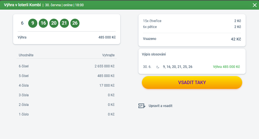 výhra v kombi tiket