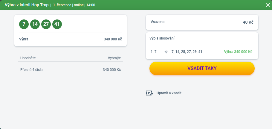 tiket hop trop výhra