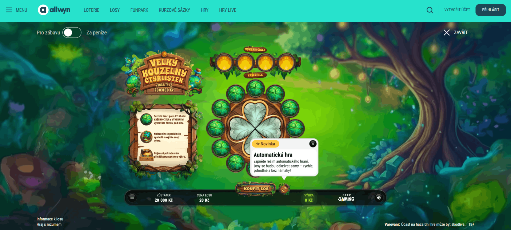 Zahrajte si nový online los Kouzelný čtyřlístek na webu Allwynu 1 los kouzelný čtyřlístek nesetřený